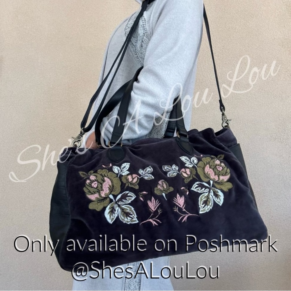 FREE PEOPLE Duchess Velvet/Lamb Leather Floral Embroidery Weekender Bag in Black